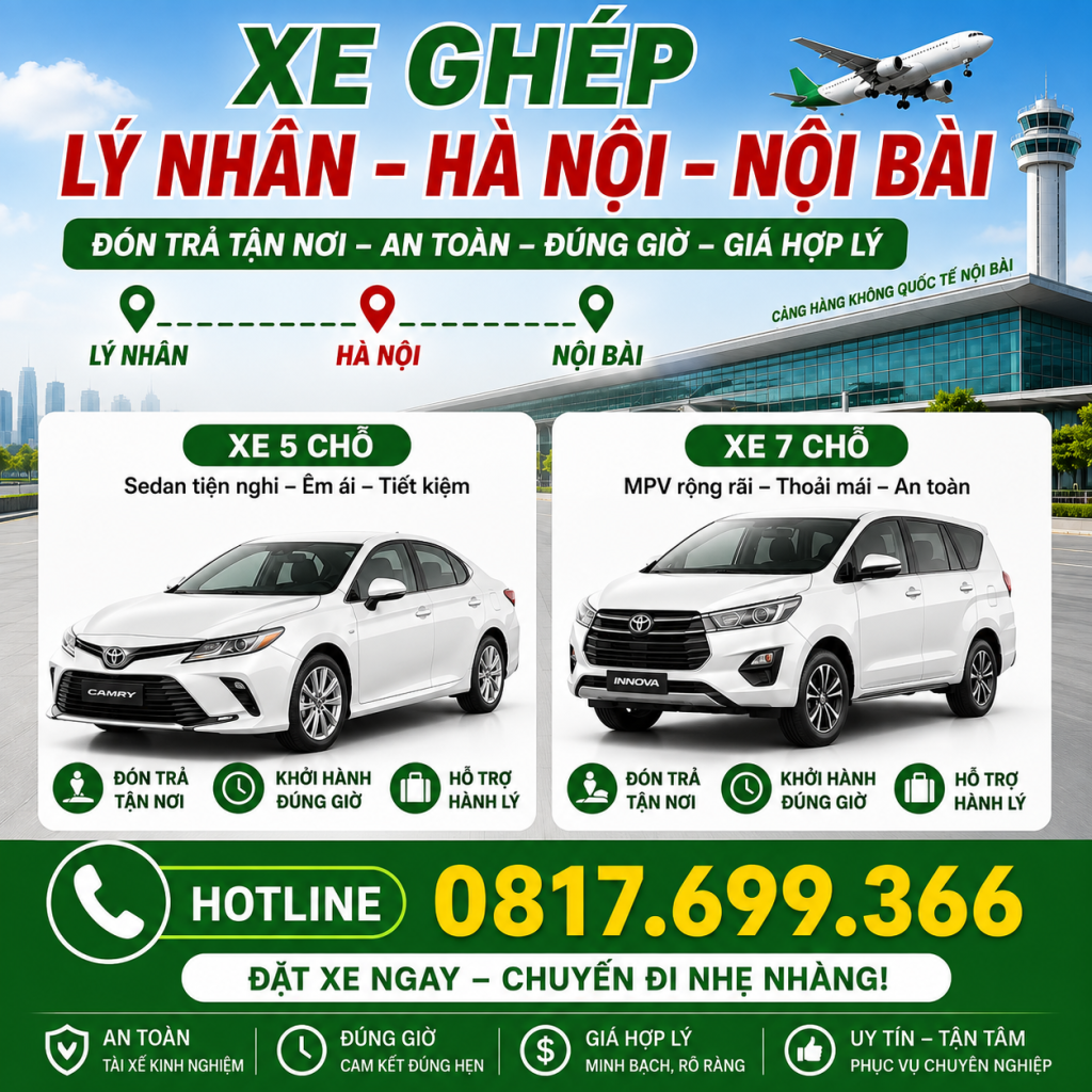 XE GHÉP LÝ NHÂN – HÀ NỘI 1 xe tiện chuyến hà nam